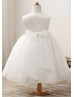 Beaded Ivory Satin Organza Simple Flower Girl Dress